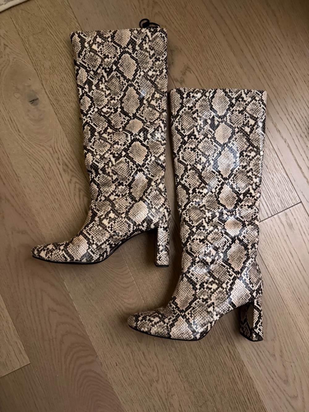 Zara Snake-Print Knee Boots in Beige and Black